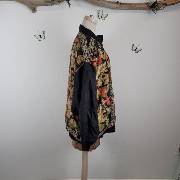 Vintage silk zip up bomber jacket foliage print - Picture 4 of 8